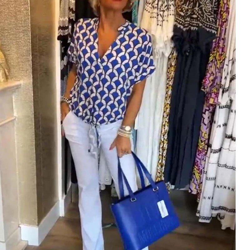 Estelle - Bedrucktes V-Ausschnitt Casual-Top