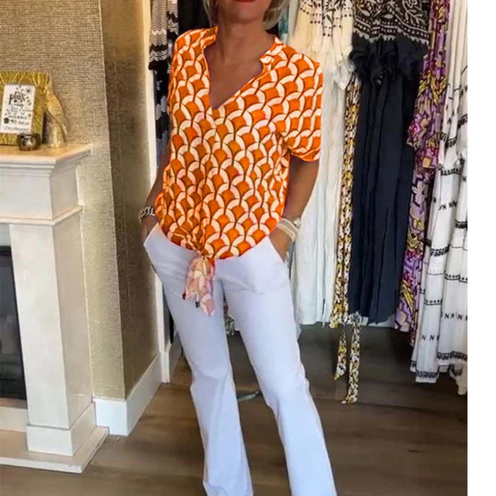 Estelle - Bedrucktes V-Ausschnitt Casual-Top