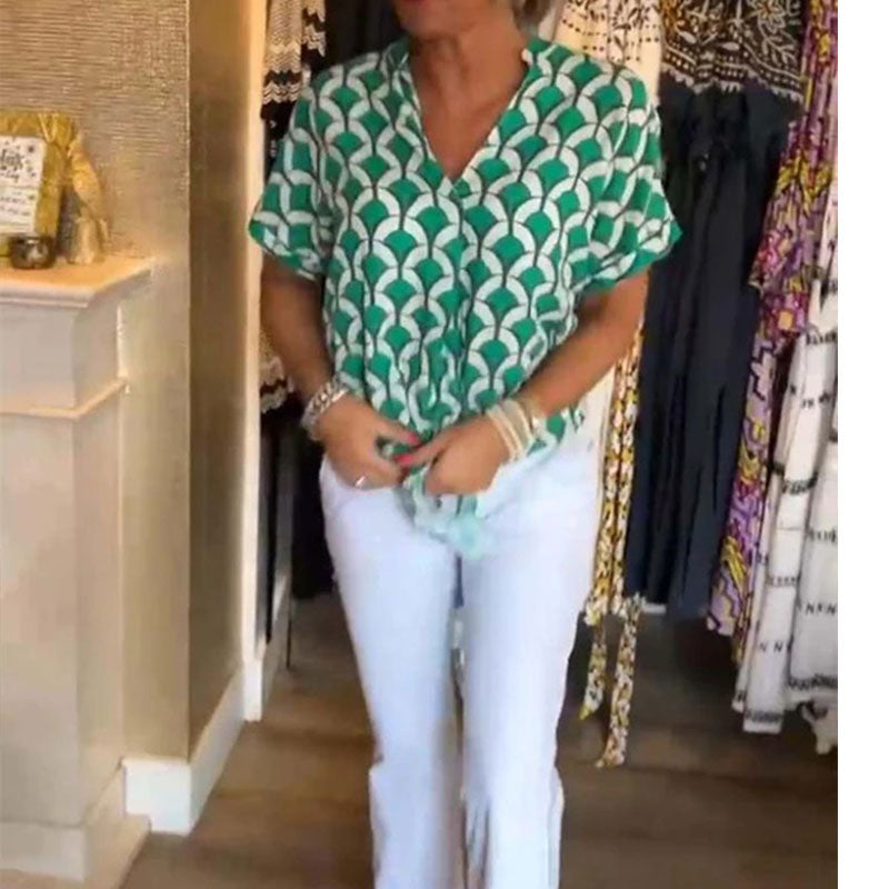 Estelle - Bedrucktes V-Ausschnitt Casual-Top