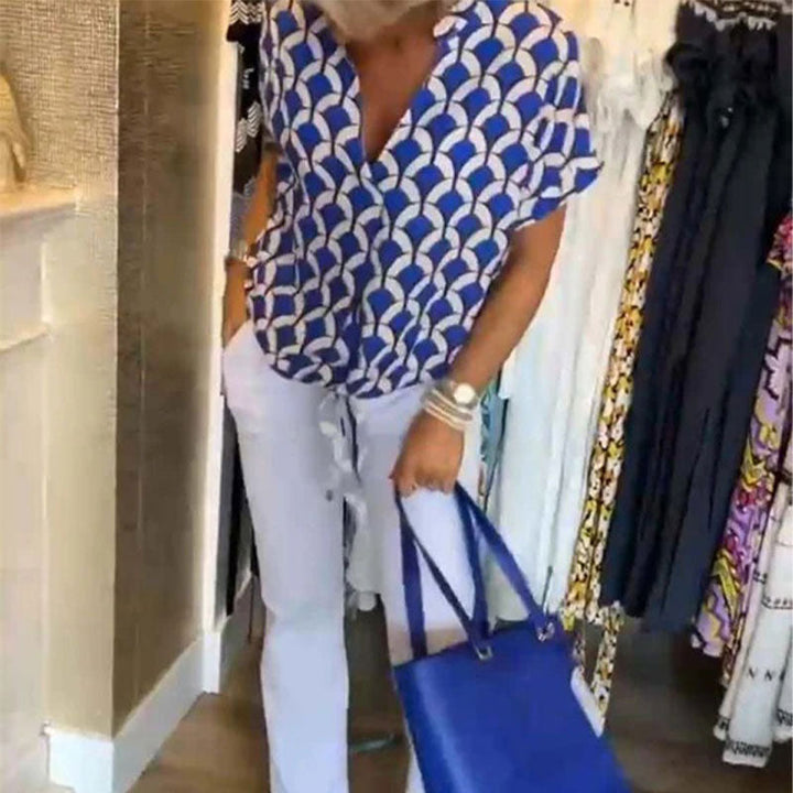 Estelle - Bedrucktes V-Ausschnitt Casual-Top