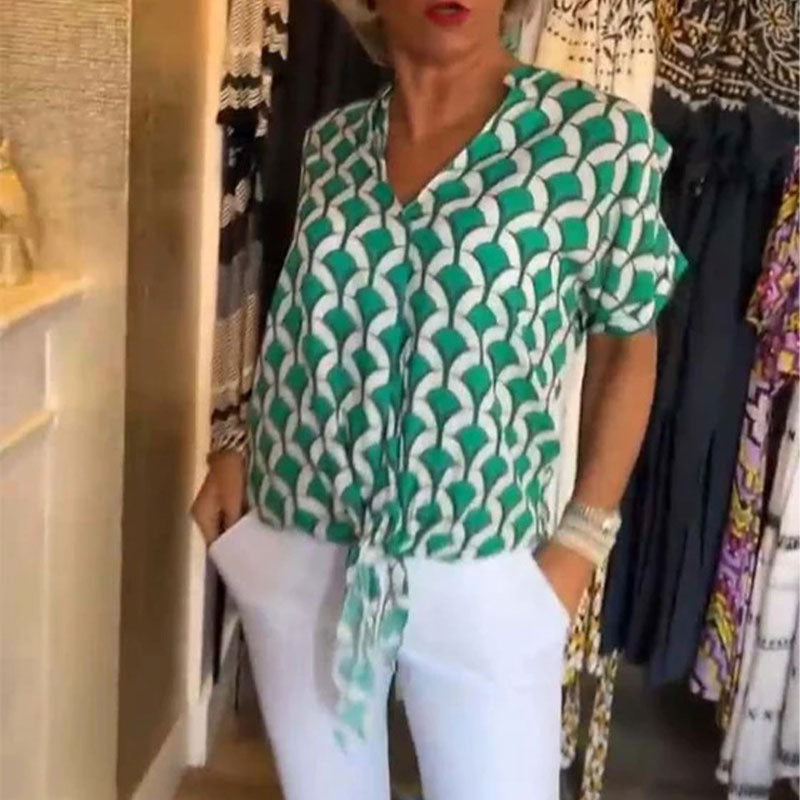 Estelle - Bedrucktes V-Ausschnitt Casual-Top